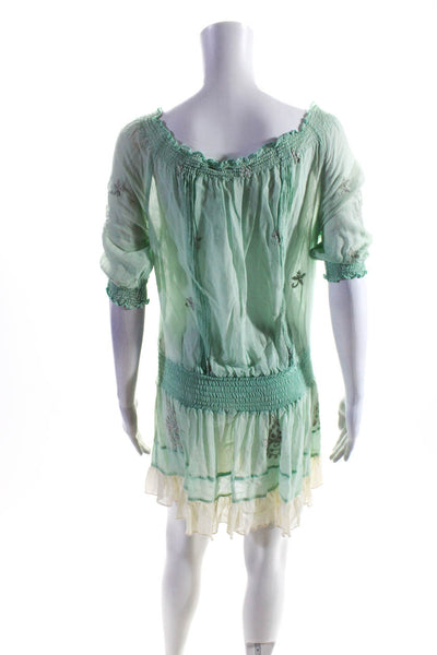 Letarte Handmade Womens Green Floral Embroidered Drop Waist Dress Size XS