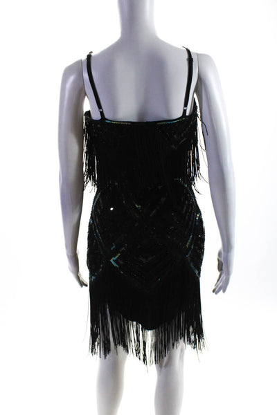 Babeyond Womens Black Sequins Fringe V-neck Print Sleeveless Mini Dress Size XS