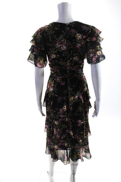 Wayf Womens Black Floral V-neck Ruffle Short Sleeve Shift Dress Size XS