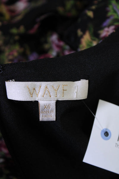 Wayf Womens Black Floral V-neck Ruffle Short Sleeve Shift Dress Size XS