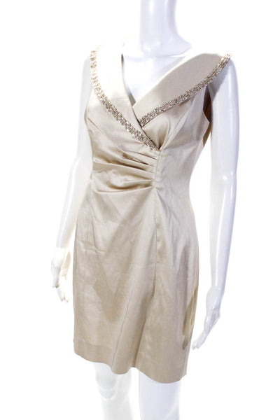 Kay Unger Womens Sequined Ruched V Neck Sleeveless Dress Beige Size 4