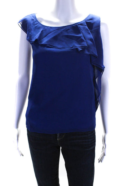Doo-Ri Womens Blue Silk Ruffle Scoop Neck Sleeveless Blouse Top Size 2