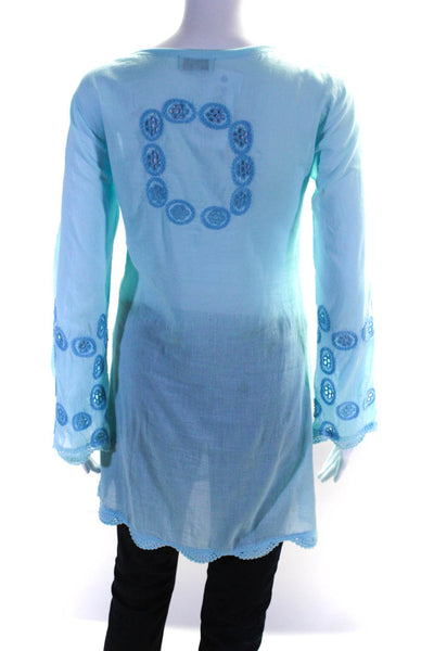 Letarte Handmade Womens Blue V-Neck Long Sleeve Tunic Blouse Top Size S