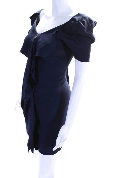 RM Womens Navy Blue V-Neck Zip Front Ruffle Short Sleeve Shift Dress Size 4