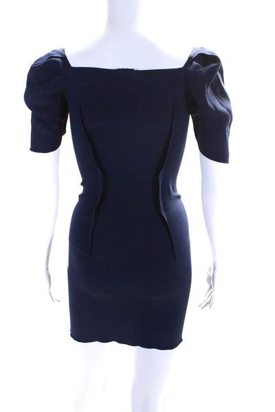 RM Womens Navy Blue V-Neck Zip Front Ruffle Short Sleeve Shift Dress Size 4