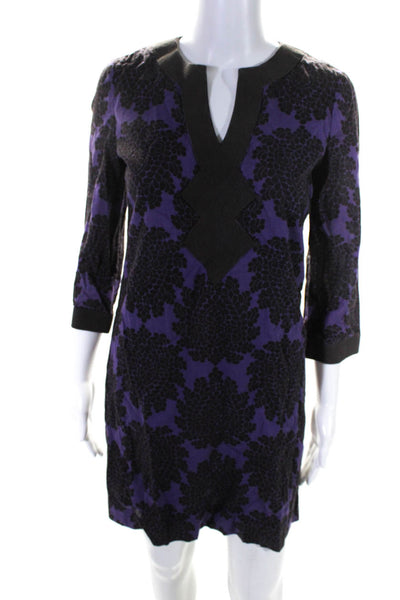 Tory Burch Women's Long Sleeve Abstract Print V-Neck Tunic Dress Purple Size 2