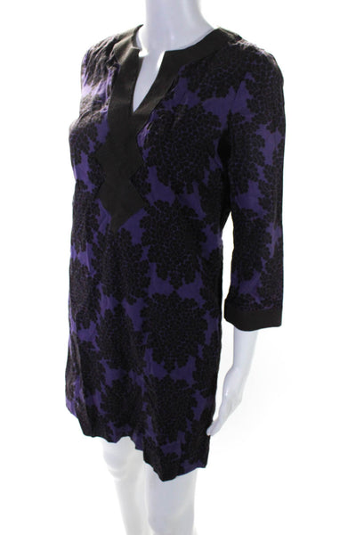 Tory Burch Women's Long Sleeve Abstract Print V-Neck Tunic Dress Purple Size 2