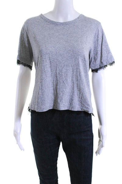 Veronica Beard Womens Short Sleeve Lace Trim Crew Neck Tee Shirt Gray Medium