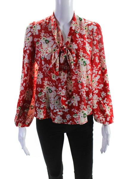 Rixo Womens Red Silk Floral Print Tie Neck Long Sleeve Blouse Top Size XS