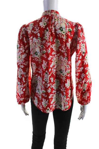 Rixo Womens Red Silk Floral Print Tie Neck Long Sleeve Blouse Top Size XS