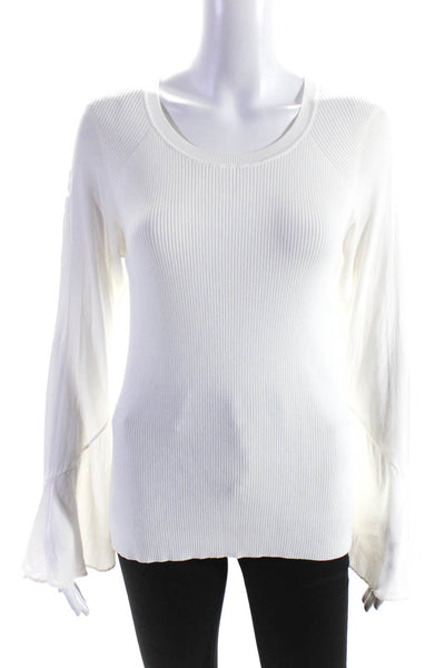 Sandro Paris Womens Ribbed Scoop Neck Long Bell Sleeved Blouse White Size 3