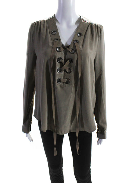 Natacha & Vanessa Womens Leather Trim Ribbon Tied Long Sleeved Top Brown Size 38