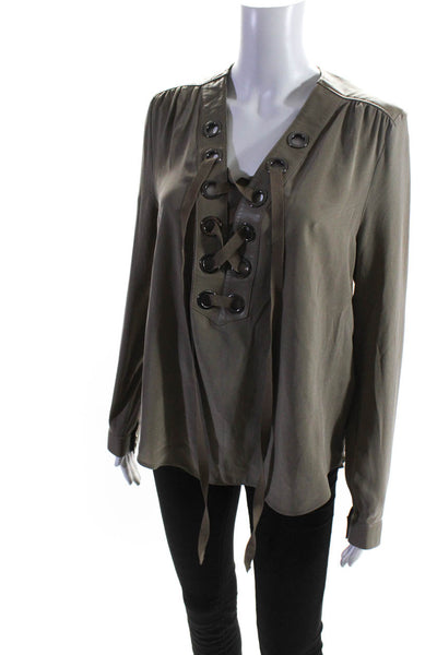 Natacha & Vanessa Womens Leather Trim Ribbon Tied Long Sleeved Top Brown Size 38