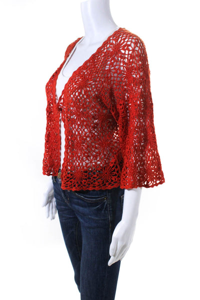Karen Kane Womens Crochet Button Closure Cardigan Sweater Red Cotton Size Medium