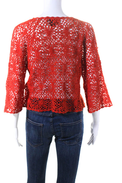 Karen Kane Womens Crochet Button Closure Cardigan Sweater Red Cotton Size Medium