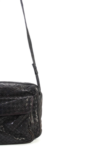 Bottega Veneta Womens Woven Leather Zippered Pocket Crossbody Handbag Black