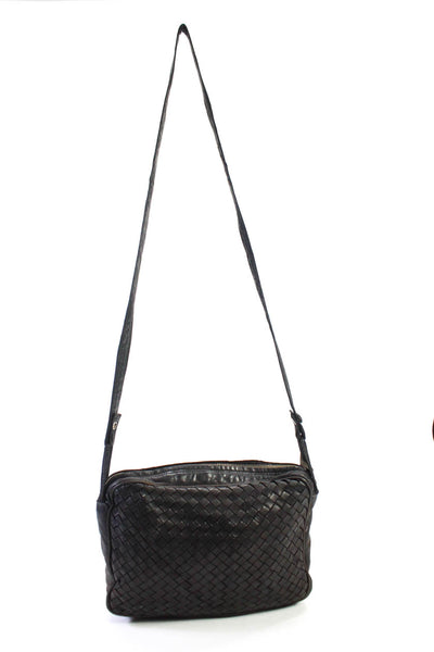 Bottega Veneta Womens Woven Leather Zippered Pocket Crossbody Handbag Black