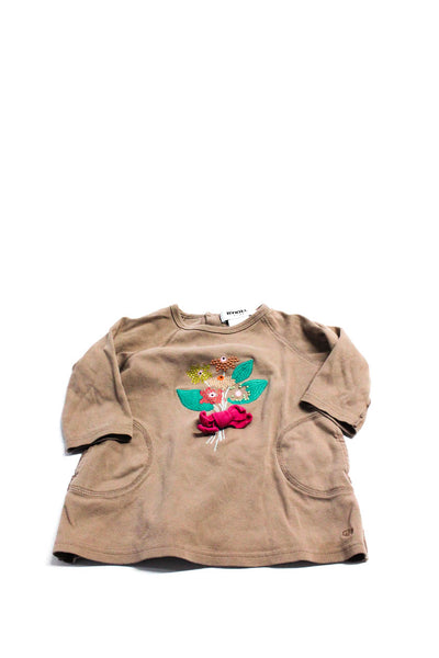 Rykiel Bebe Baby Girls Embroidered Long Sleeved Round Neck T Shirt Brown 12 M