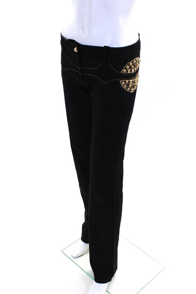 Gizia Womens Cotton Gold Studded Low Rise Bootcut Pants Trousers Black Size 38