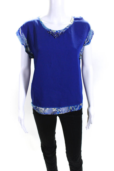 Gizia Womens Sleeveless Snakeskin Print Gemstone Trim Blouse Top Blue Size 36