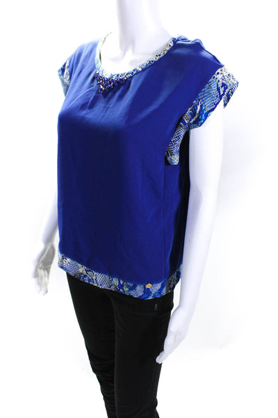 Gizia Womens Sleeveless Snakeskin Print Gemstone Trim Blouse Top Blue Size 36