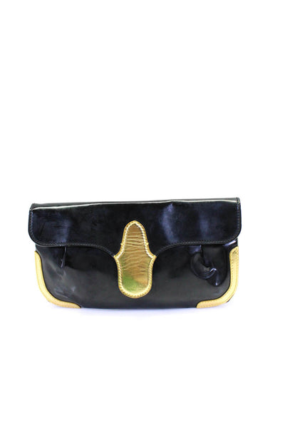 Balenciaga Paris Womens Patent Leather Clutch Handbag Black Gold Metallic