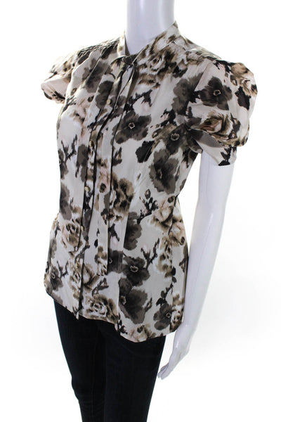 Juicy Couture Womens Silk Printed Puff Sleeve Button Up Blouse Beige Size 2