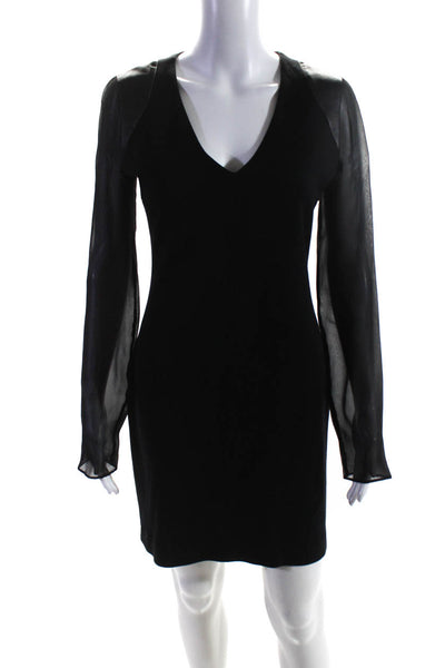 Joseph Womens V Neck Sheer Long Sleeve Leather Accent Pencil Dress Black Size 38