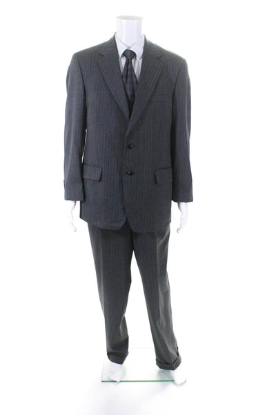 Corbin Mens Striped Two Button Suit Gray Blue Wool Size 41 Regular/35
