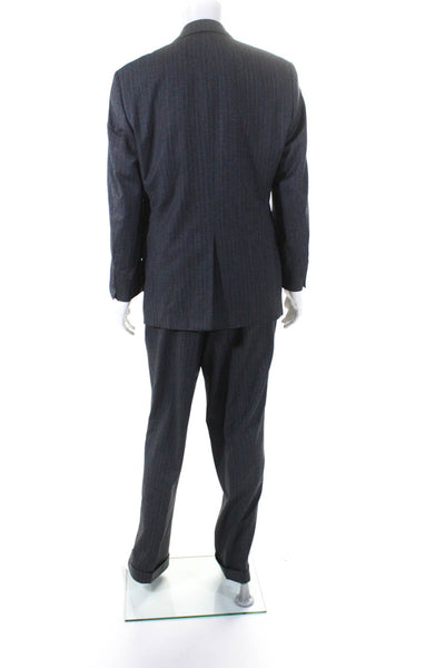 Corbin Mens Striped Two Button Suit Gray Blue Wool Size 41 Regular/35