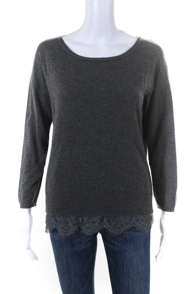 Joie Womens Long Sleeve Rib Knit Lace Layered Trim Sweater Top Gray Size Small
