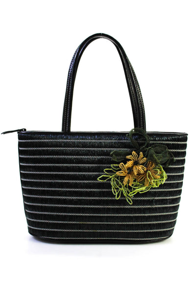 Isabella Fiore Womens Striped Beaded Floral Applique Shoulder Handbag Black