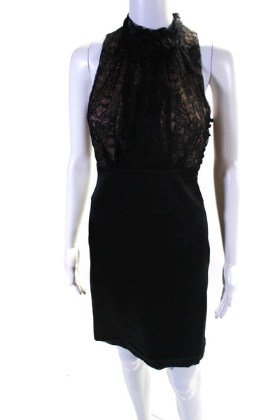 BCBG Max Azria Womens Floral Lace High Neck Sleeveless Dress Black Tan Size 0