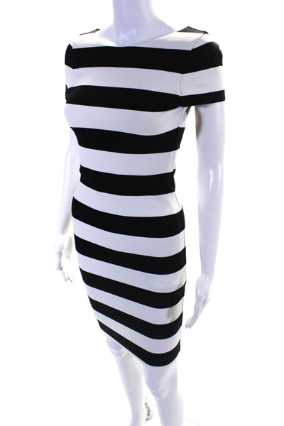 Alice + Olivia Womens Striped Short Sleeved Knee Length Dress White Black Size 0