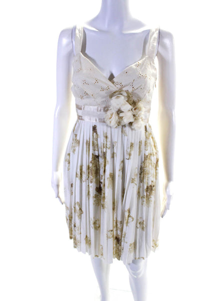 Deletta Anthropologie Womens Floral Pleated Sleeveless Dress Beige Cream Size XS
