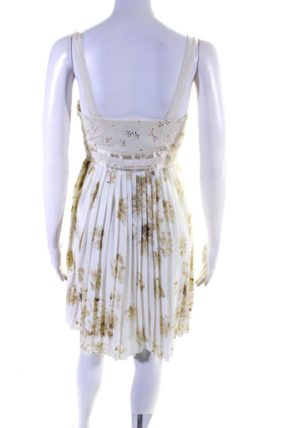 Deletta Anthropologie Womens Floral Pleated Sleeveless Dress Beige Cream Size XS