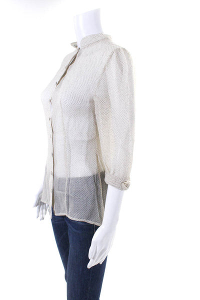 Walter Womens Silk Sheer Spotted Print 3/4 Sleeve Mock Neck Blouse Beige Size 2