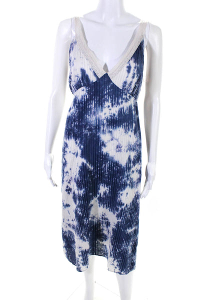 Line And Dot Womens Tie Dyed V Neck Tied Dress Blue White Size M SKU 13220628