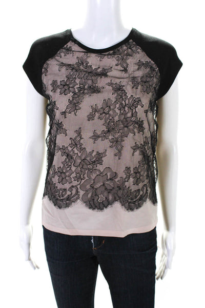 Apostrophe Womens Floral Lace Overlay Short Sleeve Blouse Top Pink Black Size M