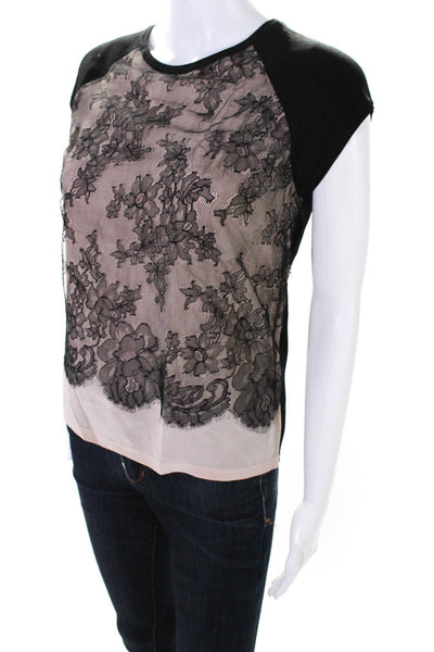 Apostrophe Womens Floral Lace Overlay Short Sleeve Blouse Top Pink Black Size M