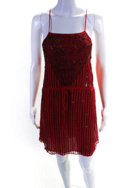 Rory Beca Womens Silk Sleeveless Beaded Striped Drawstring Mini Dress Red Size S