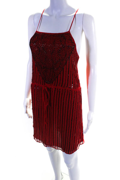 Rory Beca Womens Silk Sleeveless Beaded Striped Drawstring Mini Dress Red Size S