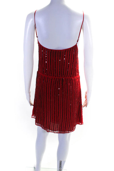 Rory Beca Womens Silk Sleeveless Beaded Striped Drawstring Mini Dress Red Size S