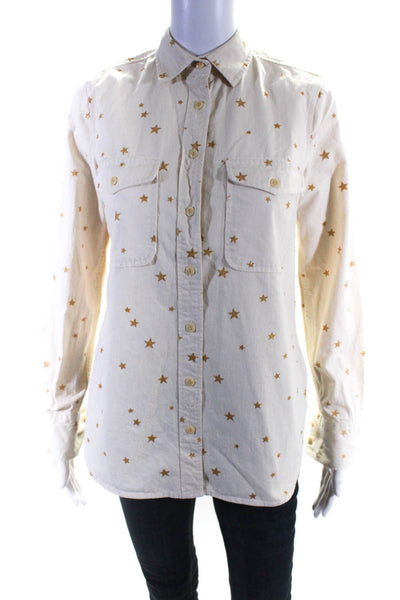 J Crew Womens Cotton Long Sleeve Star Print Button Down Blouse Beige Size XXS