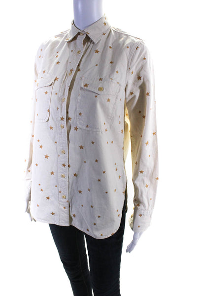 J Crew Womens Cotton Long Sleeve Star Print Button Down Blouse Beige Size XXS