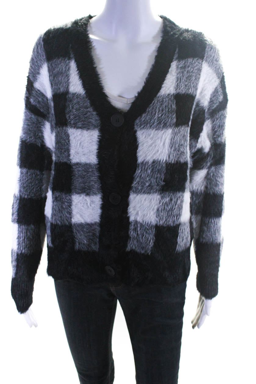 Bella Dahl Women s Fluffy Gingham Print Button Down Sweater Black