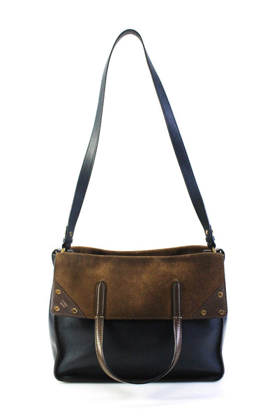 Fendi Womens Leather Gold Tone Flip Tote Shoulder Handbag Navy Blue Brown