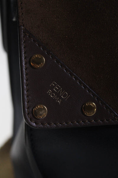 Fendi Womens Leather Gold Tone Flip Tote Shoulder Handbag Navy Blue Brown