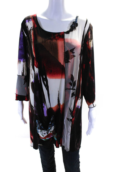 Lee Anderson Abstract 3/4 Sleeve Boat Neck Tunic Blouse Red Purple White Size 3X