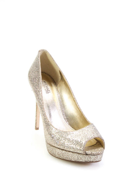 Michael Michael Kors Womens Metallic Glitter Peep Toe Stiletto Heels Gold Size 7